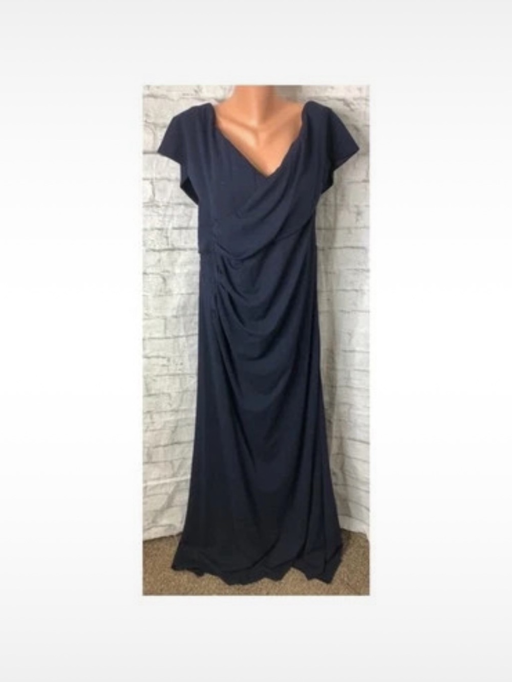 Betsy & Adam Navy Drape-Front Maxi Gown